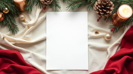 White piece of paper is on a red and white cloth. There are pine cones and candles on the clothの素材