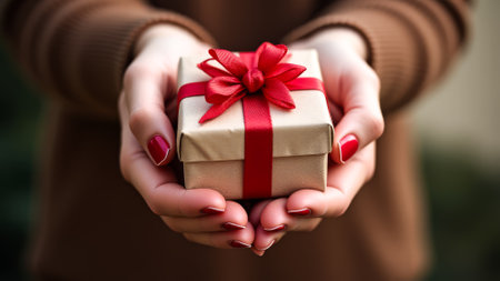 Woman is holding a box with a red bow on it. The box is wrapped in brown paperの素材