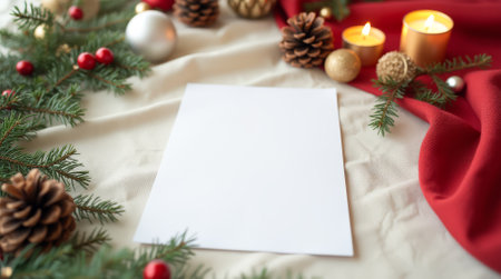 White piece of paper with a Christmas tree on it. The tree has pine cones and a gold ballの素材