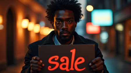 Man holding a sign that says Sale. He is standing in a dark alleyway. The sign is red and whiteの素材
