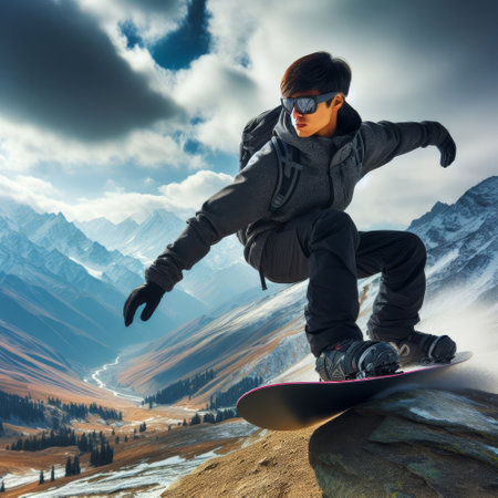 Man is snowboarding down a mountain. He is wearing a black jacket and black pants. He is wearing a backpack on his backの素材