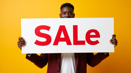 Man is holding a sign that says SALE. He is standing in front of a yellow backgroundの素材