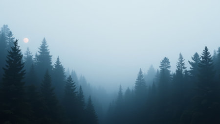 Forest with trees and a moon in the sky. The sky is cloudy and the moon is in the backgroundの素材