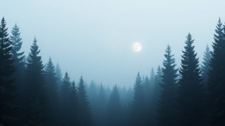 The moon is shining brightly in the sky above a dense forest. The trees are tall and green, and the sky is cloudy. The moon is positioned in the middle of the skyの素材