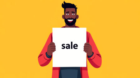 Man is holding a sign that says sale. He is smiling and looking at the cameraの素材