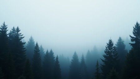 Forest with trees and fog. The trees are tall and green. The sky is cloudy and grayの素材