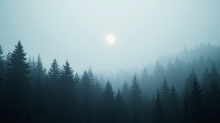 Moon is in the sky above a forest. The moon is large and bright. The sky is cloudy and the trees are tallの素材