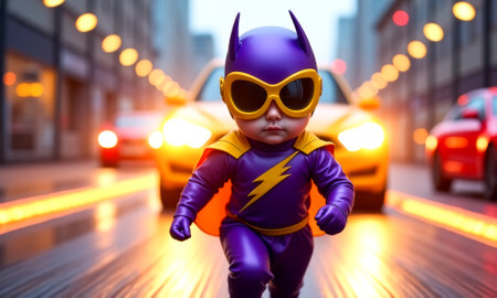 Baby in a purple Batman costume is running down a street. There are cars behind him, one of which is yellowの素材
