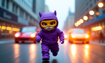 Child in a purple costume is running down a street. There are cars behind the child. The child is wearing a yellow helmetの素材