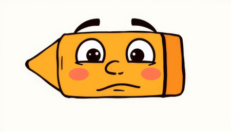 Cartoon face with a yellow crayon. The face is sadの素材