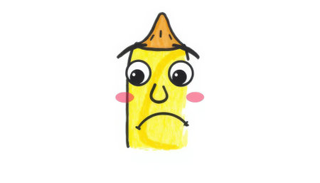 Yellow cartoon face with a hat on it. The face is sad and has a red noseの素材