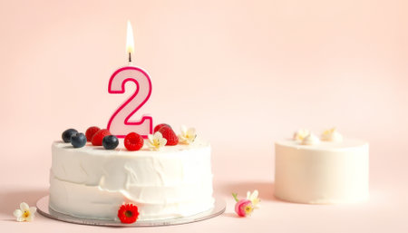 Cake with a lit candle on it that says 2. There are strawberries and blueberries on the cakeの素材