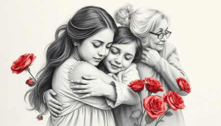 Woman is hugging two children. There are red roses in the background. The woman is wearing glassesの素材