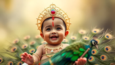 Baby wearing a gold crown and a peacock feather. The baby is smilingの素材