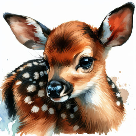 Baby deer with white spots on its face. The deer is looking at the cameraの素材