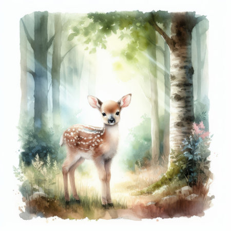 Deer is standing in a forest. The deer is brown and white. The deer is looking at the cameraの素材