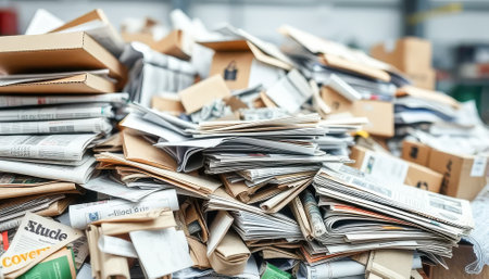 Pile of junk including newspapers and cardboard boxes. The pile is very high and is full of trashの素材