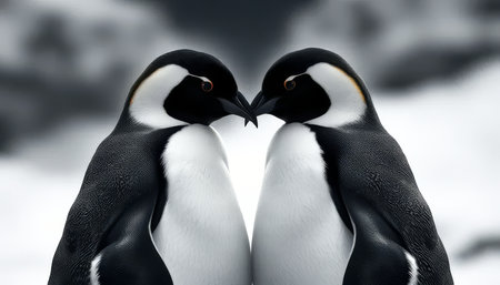 Two penguins are standing next to each other. One is on the left and the other is on the rightの素材