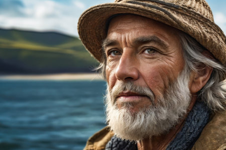 Man with a hat and beard is looking at the camera. He is wearing a brown jacketの素材