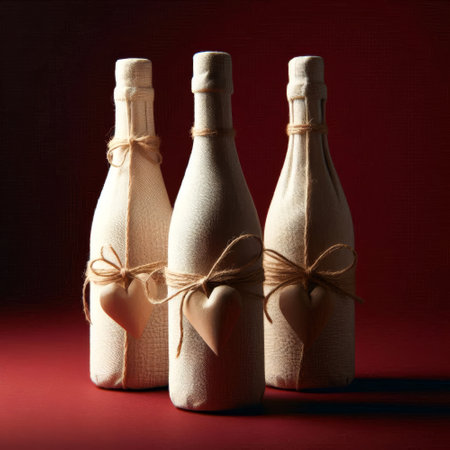 Three bottles with hearts on them. One is on the left, one is in the middle, and one is on the rightの素材