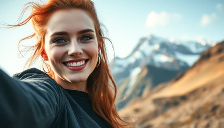 Woman with red hair is smiling and taking a selfie. She is wearing a black shirt and a pair of earringsの素材