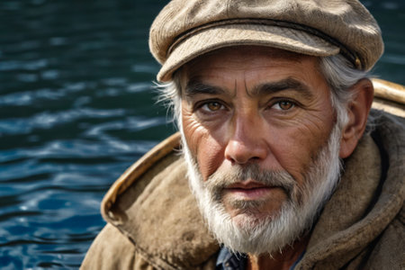 Man with a hat and beard is looking at the camera. He is wearing a brown jacketの素材