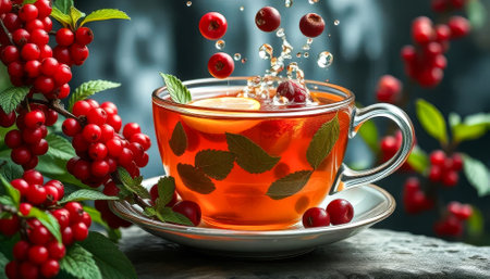 Cup of tea with a leafy garnish on top. The cup is on a white plateの素材