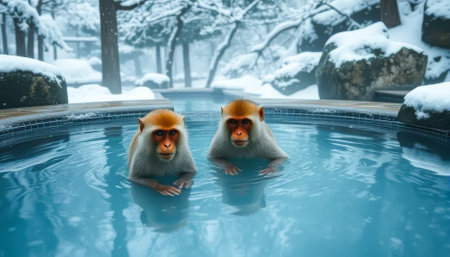 Two monkeys are in a pool of water. One is on the left and the other is on the rightの素材