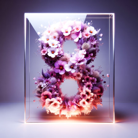 Flowery number 8 is shown in a clear box. The flowers are pink and purpleの素材