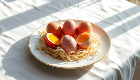 Plate of eggs with one egg cracked open. The plate is on a tableの素材