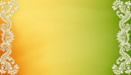 The background of the image is a combination of green and yellow colors, creating a vibrant and lively atmosphere. A floral border that adds a touch of elegance and sophisticationの素材