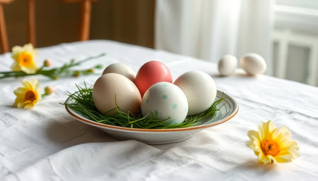 Plate of eggs with one of them being pink. The eggs are on a table with a yellow flower in the backgroundの素材