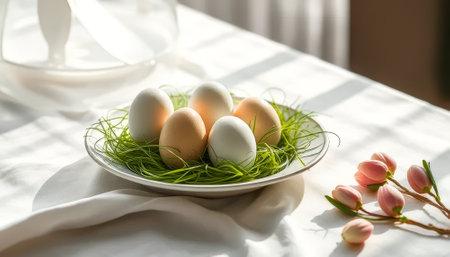 Plate of eggs with a green grassy border. There are five eggs on the plateの素材