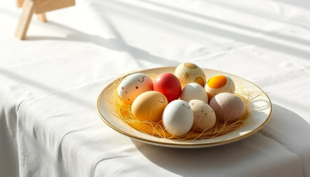 Plate of eggs with a yellow basket around them. There are nine eggs in total. Some are white, some are brown, and some are yellowの素材