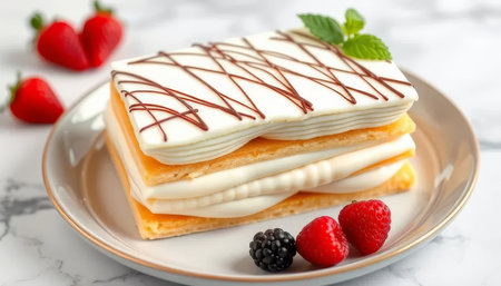 White and chocolate cake with strawberries and raspberries on a plate. The cake is topped with chocolate and has a white fillingの素材