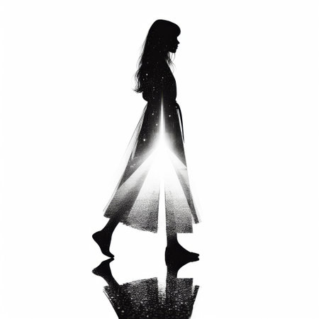 Woman is walking in a dress. The dress is white and black. The woman is wearing black shoesの素材