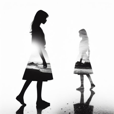 Young girl is walking on the beach, her silhouette casting a shadow on the sand. She is wearing a dress and she is enjoying the scenery. Another girl is walking in the backgroundの素材