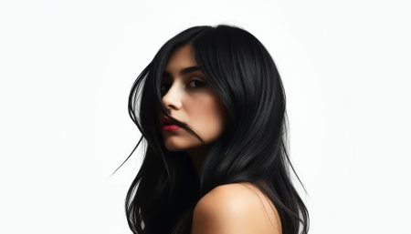 Woman with long black hair. She is wearing a red lipstickの素材