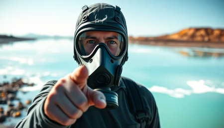 Man wearing a gas mask points to the water. The water is blue and the sky is clearの素材