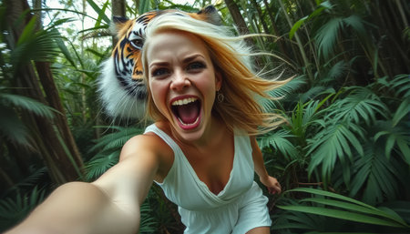 Woman wearing a tiger headband and a white dress. She is taking a selfie. The photo is blurryの素材
