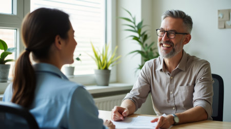 Man and a woman are sitting at a table. The man is smiling and the woman is smiling backの素材