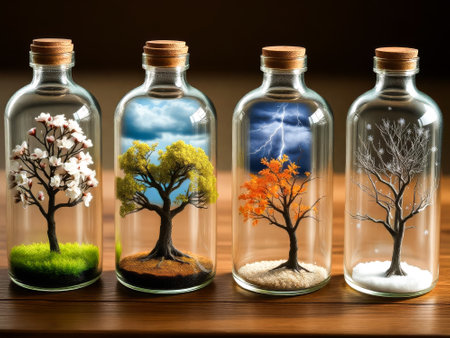 Four glass bottles with trees in them. One bottle has a tree with leaves, another has a tree with no leaves, the third has a tree with no leaves and a snowflakeの素材