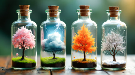 Four glass bottles with trees in them. The trees are in different seasons. The bottles are on a wooden tableの素材