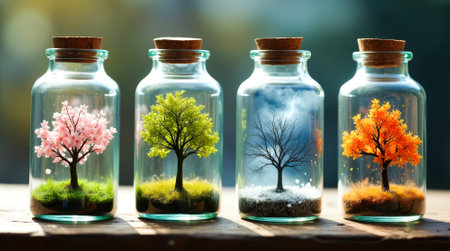 Four glass vases with trees in them. The trees are in different seasons. The vases are on a wooden tableの素材