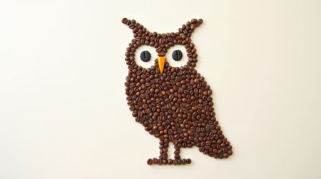 Coffee bean owl is made out of coffee beans. The owl has a black eye and an orange beakの素材