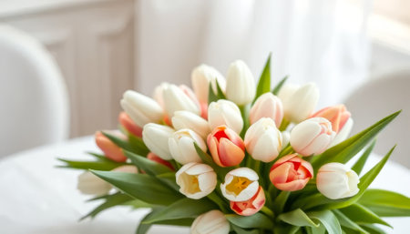 Bouquet of white and pink tulips on a table. The tulips are arranged in a vase and are surrounded by green leavesの素材