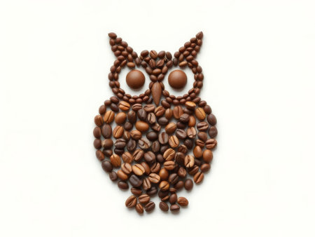 Close up of a coffee bean owl. The owl is made of coffee beans and has a faceの素材