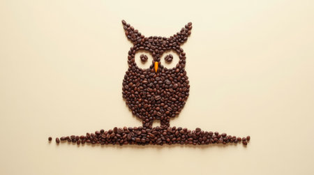 Coffee bean owl is made out of coffee beans. The owl has a pair of eyes and an orange beakの素材