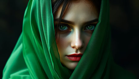 Woman wearing a green scarf. She has red lips and green eyes. She is looking at the cameraの素材