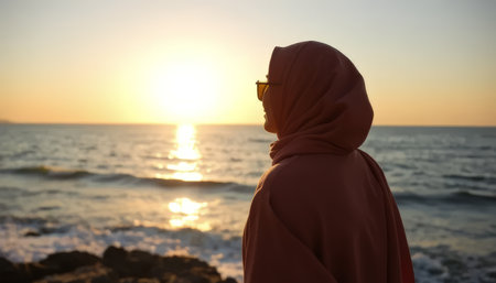 Woman wearing a scarf stands on a beach looking out at the ocean. The sun is setting in the backgroundの素材